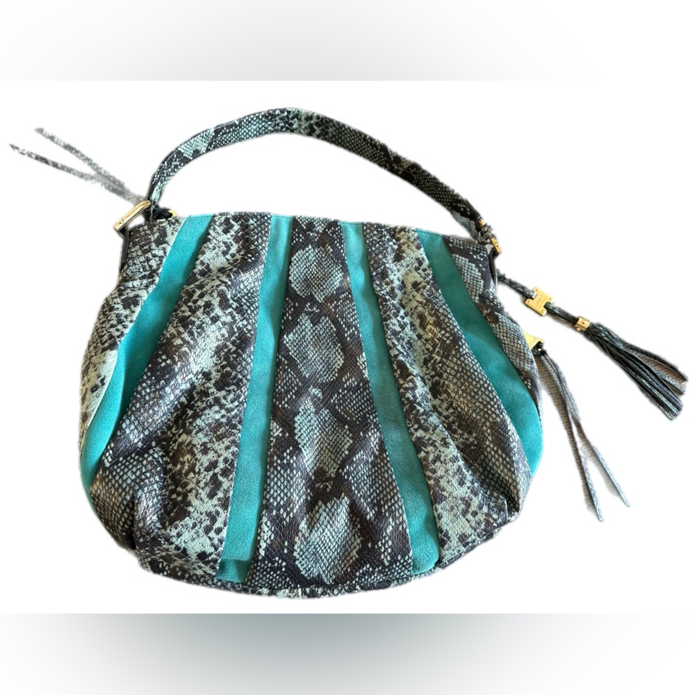 Aimee Kestenberg Leather & Suede Hobo Bag Aqua/Teal withGray/Black Snake Print